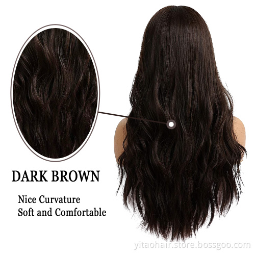 Wholesale dark brown black wig with bangs synthetic black hair wig women's long wave wig heat-resistant natural waves everyday